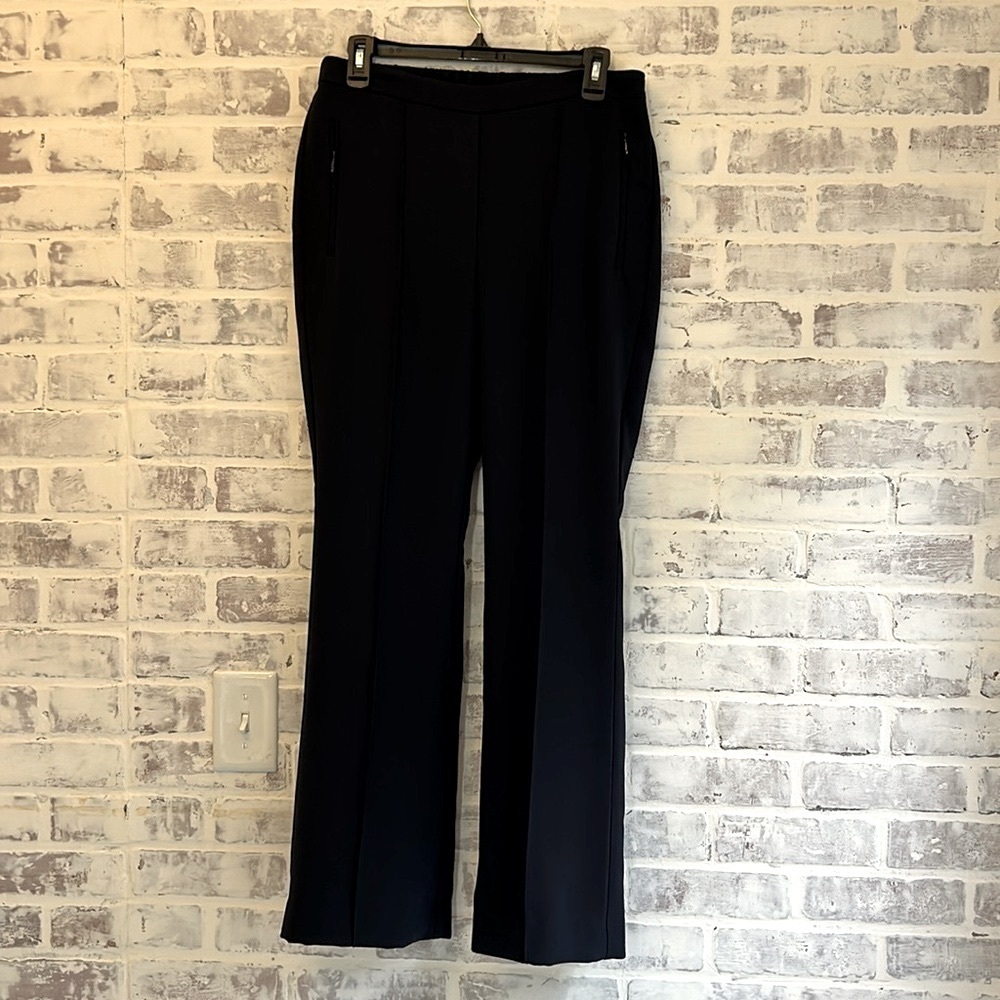 Chico’s Women Pleated Flare Dress Pants Navy Career Elastic Waist Comfort Size 6